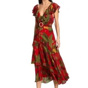 Farm Rio Red parrot belted midi dress XS